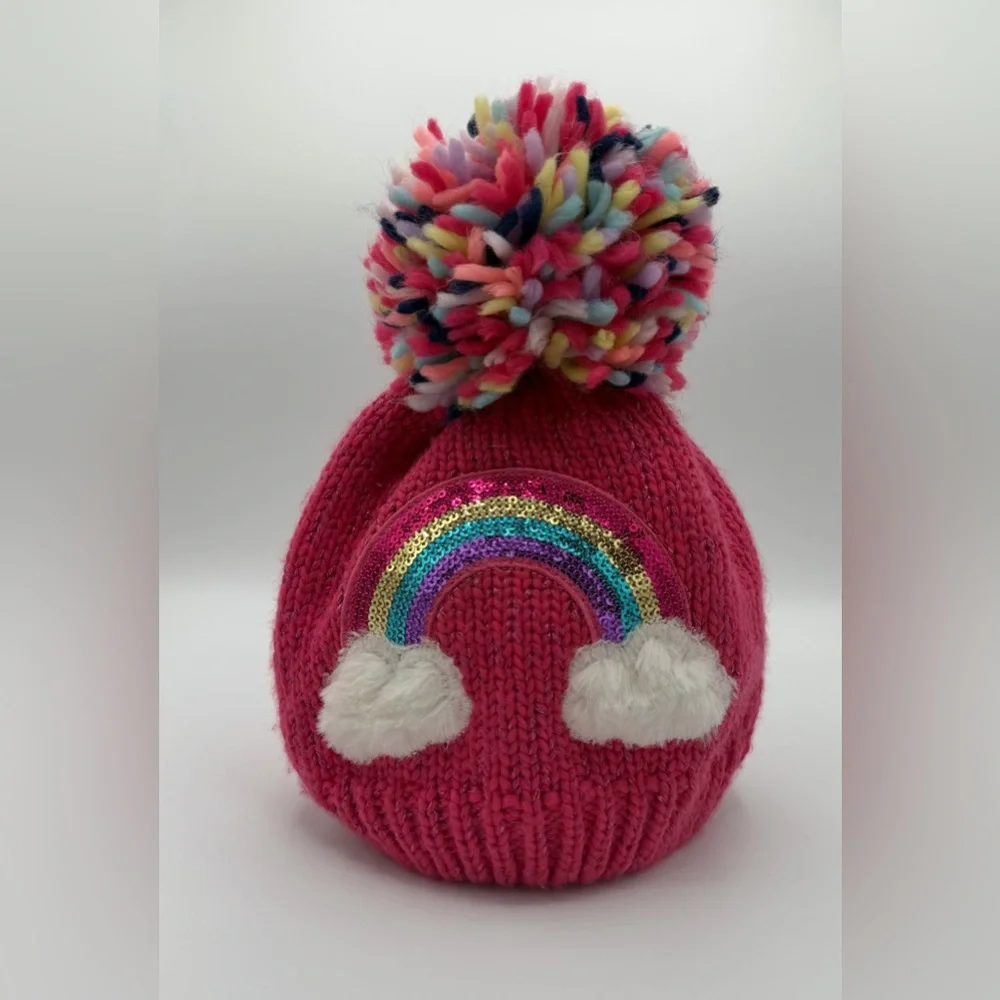 Children’s Place Pink Beanie With A Colorful Pom-Pom & Sequin Rainbow. Sz 2T-3T.